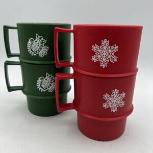 Set 4 Red Green Tupperware Christmas Mugs Snowflake Dove Holiday Cocoa 1312